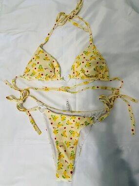SHEIN Yellow Lemon Print Tie-Side Triangle Bikini
